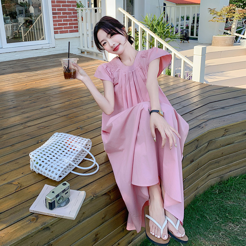 法式温柔风粉色飞飞袖甜美连衣裙女夏季2025新款宽松显瘦初恋裙,女装连衣裙,2C110