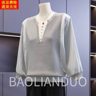 七分袖 纱袖 小衫 新款 T恤中老年减龄针织上衣 中年女装 洋气妈妈春装