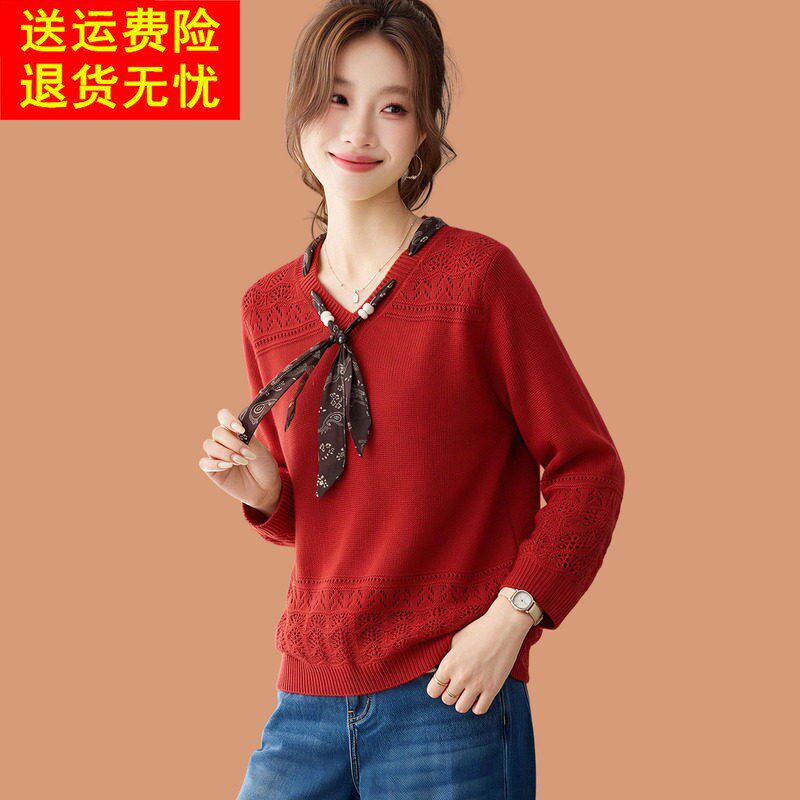 v领飘带七分袖t恤女2026秋季新款薄羊毛针织打底衫独特超好看上衣