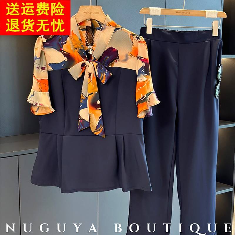 时尚休闲雪纺拼接西装套装女短袖2025夏装新款显瘦时髦洋气两件套