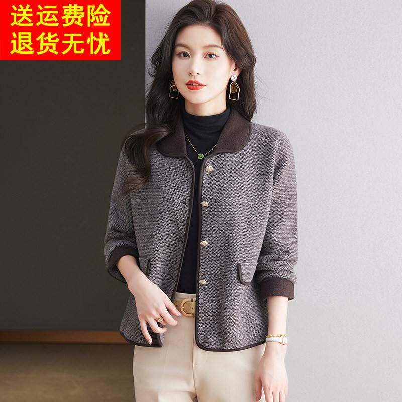 时尚气质翻领薄款针织开衫女短款外搭2025新款春秋拼色小香风外套
