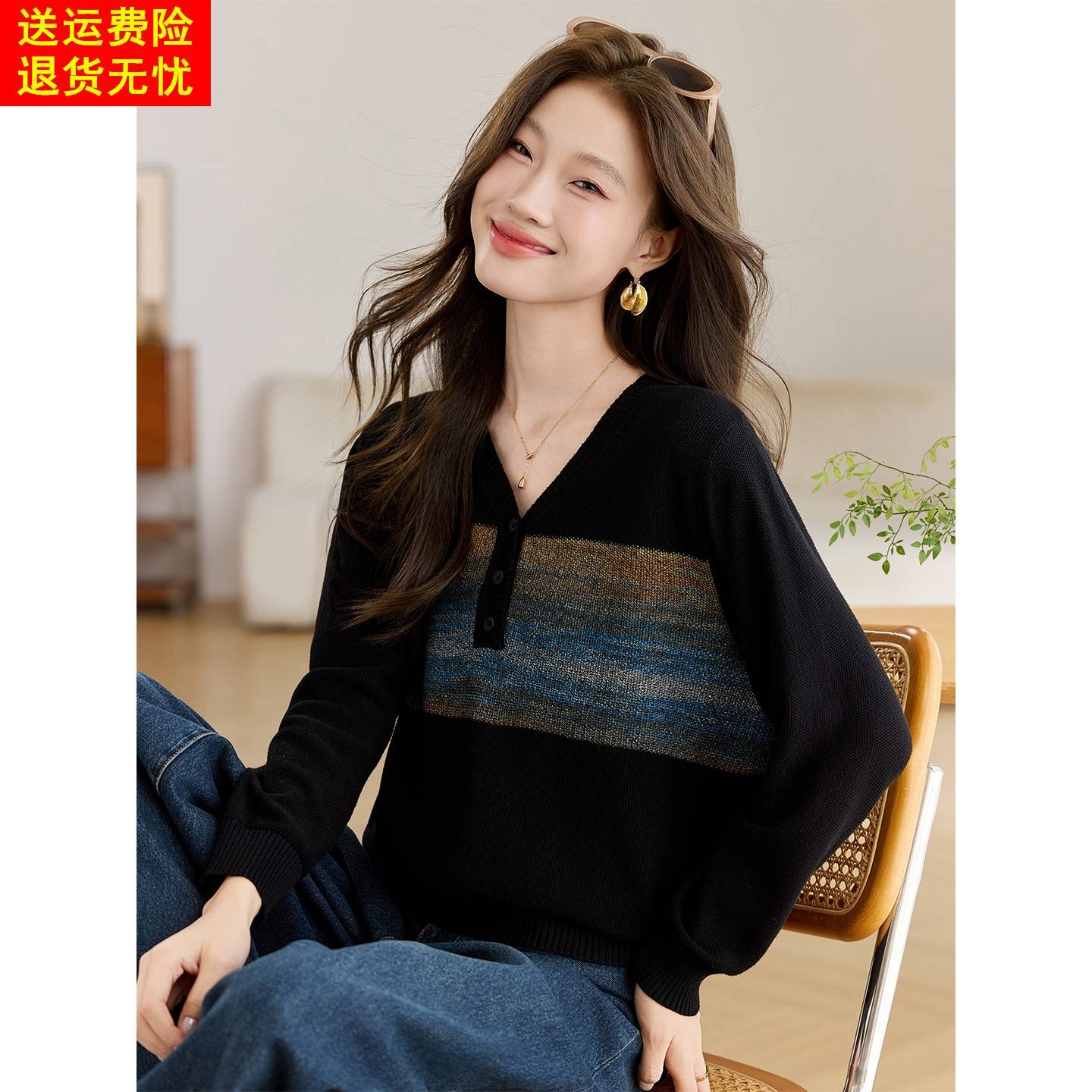 2025新款春秋装设计感宽松套头针织衫上衣女洋气别致漂亮打底毛衣
