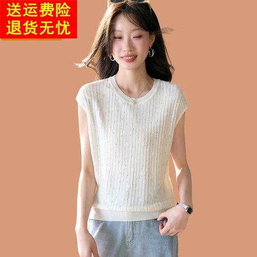 桑蚕丝白色短袖女t恤夏季薄款高级感烫钻品牌真丝上衣冰丝针织衫