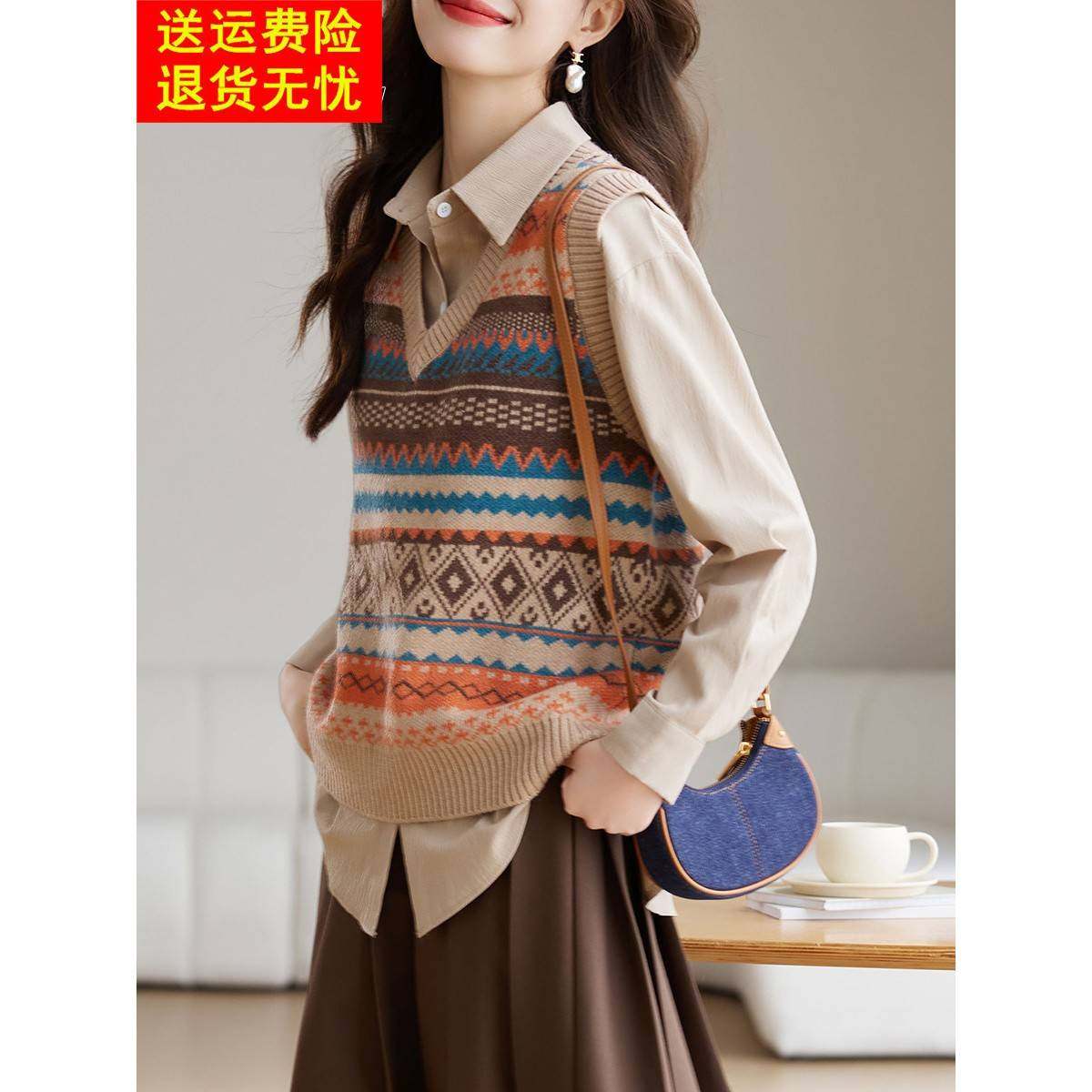 2025新款秋冬搭配衬衫的毛衣马甲背心女宽松休闲v领针织马夹上衣