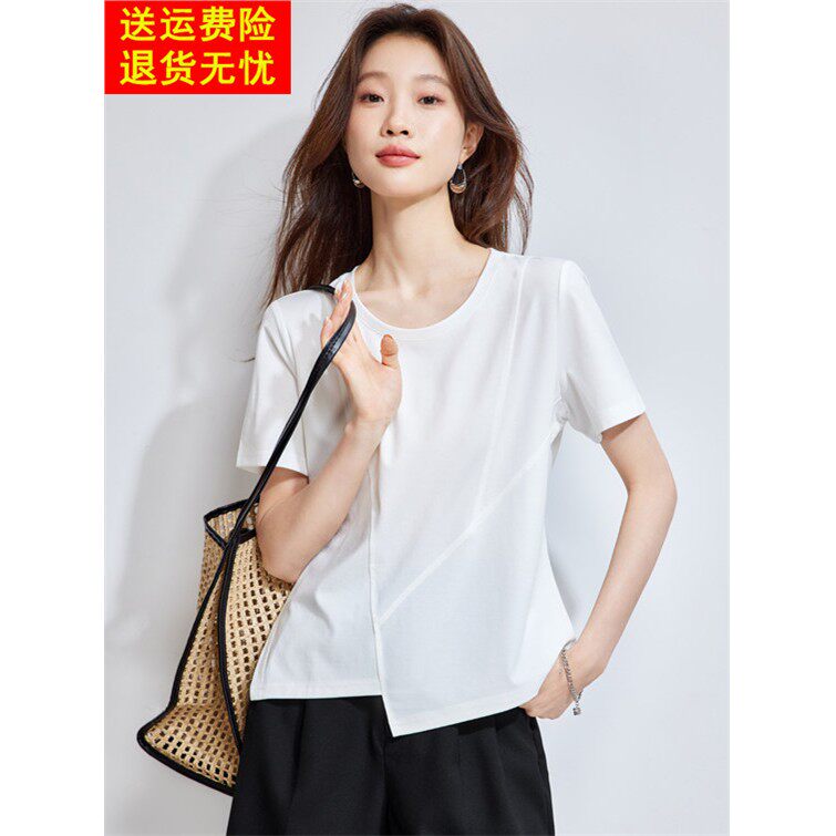 白色不规则t恤女士短袖2026夏季新款真丝桑蚕丝体恤半袖圆领上衣