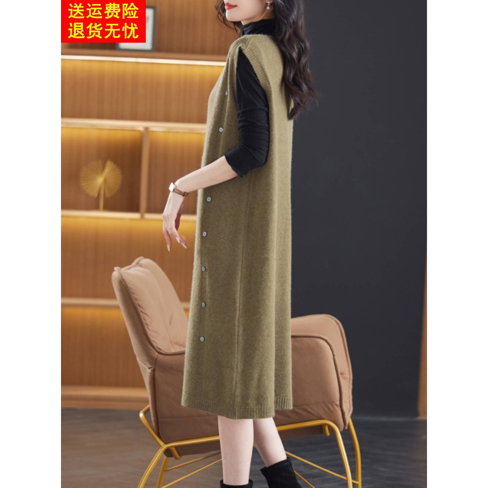 韩版中长款宽松马甲女v领针织连衣裙过膝无袖毛衣坎肩秋冬背心裙