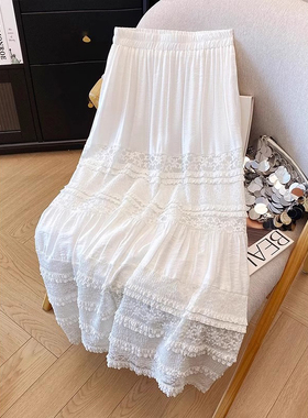 白色半身裙女2025年新款今年流行爆款高腰A字蕾丝半裙显瘦短裙子