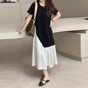 韩版连衣裙女2026年夏季新款韩系宽松遮胯显瘦撞色拼接休闲长裙子
