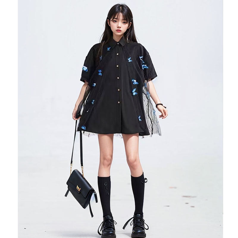 水墨晕染蝴蝶花短袖衬衫女25夏季仙灵轻纱拼接宽松雪纺上衣