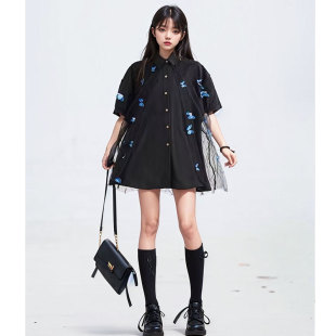 仙灵轻纱拼接宽松雪纺上衣 女25夏季 水墨晕染蝴蝶花短袖 衬衫