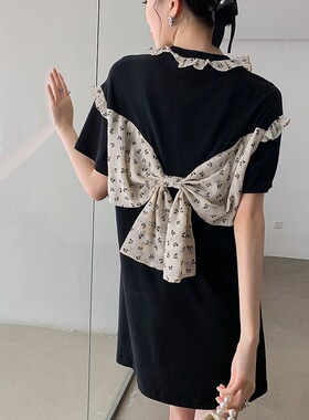 原创日系大蝴蝶结T恤裙夏季宽松气质甜美直筒黑色连衣裙