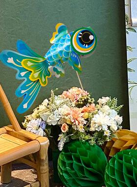 绿色周岁宴宝宝周岁生日布置装饰锦鲤金鱼蜂窝球拍照道具抓周场景