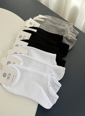 四季黑白色樱花全棉基础短袜船袜纯棉短袜女生学生袜子