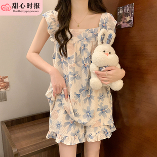 夏天家居服套装 吊带睡衣女款 皱布泡泡棉甜美公主2025新款 夏季 薄款