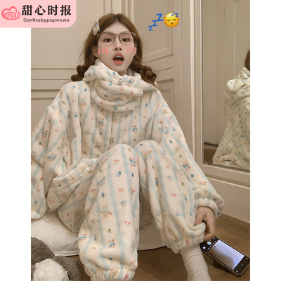 珊瑚绒睡衣女秋冬季加厚加绒保暖