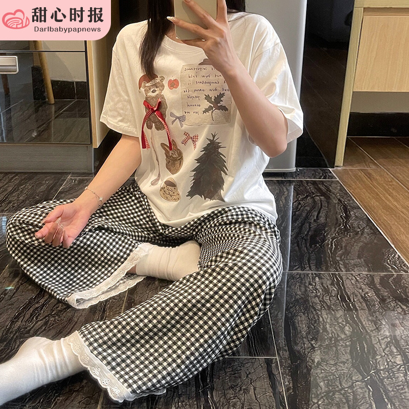 睡衣女夏季薄款短袖纯棉2025新款可爱春秋甜美家居服两件套装小熊