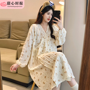 日系和服春秋季睡衣女长袖云朵棉睡袍甜美可爱睡裙夏天家居服小熊