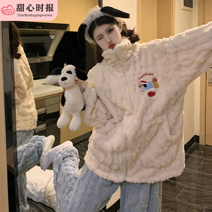 珊瑚绒睡衣冬季女款2025年新款秋冬加绒加厚麦穗绒拉链可外穿冬天