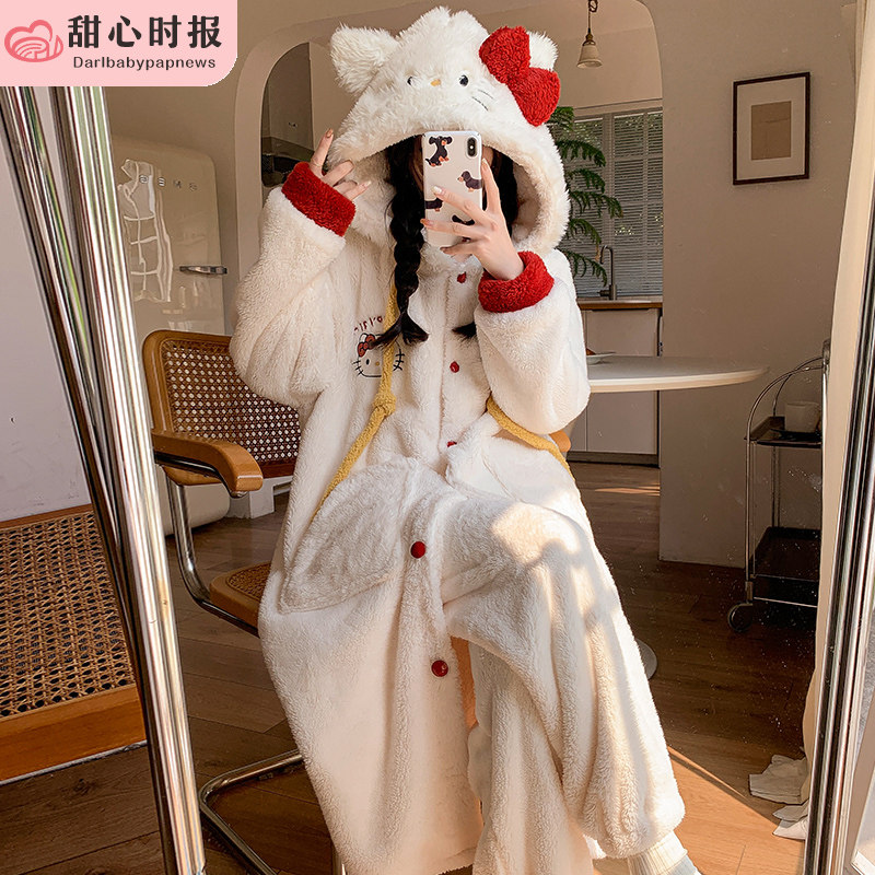 珊瑚绒睡衣女春秋冬季加厚睡袍保暖可爱长款法兰绒家居服套装猫咪