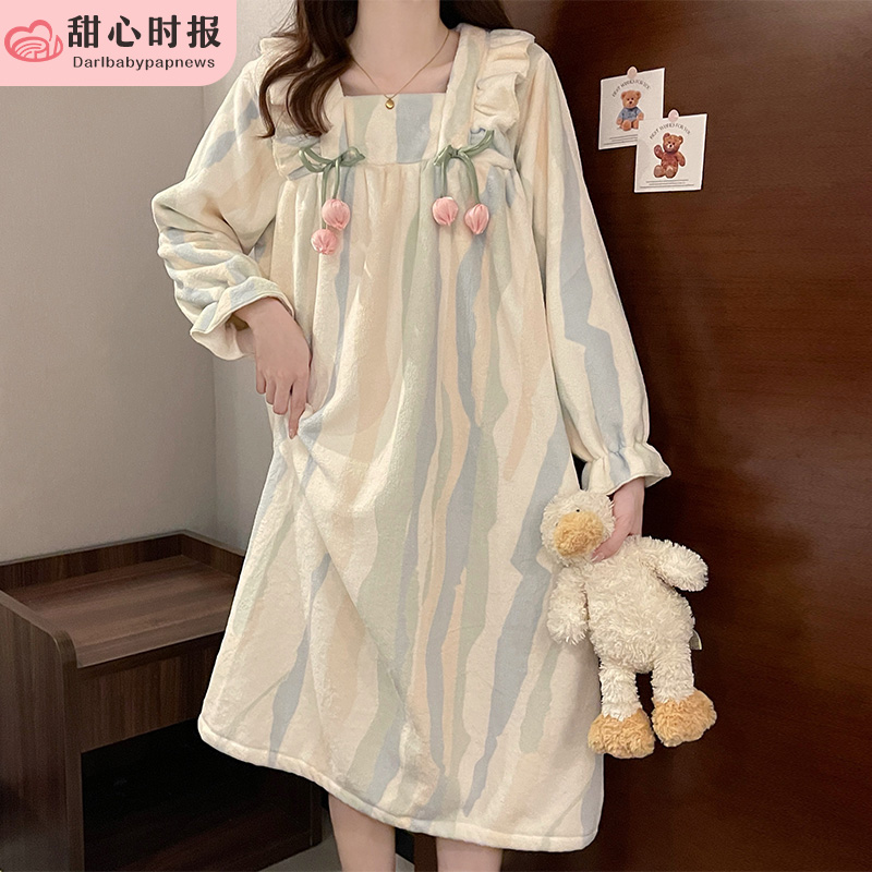 甜心时报法兰绒冬季女家居服睡裙