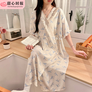 日系和服夏季睡衣女短袖云朵棉睡袍可爱夏天睡裙春秋家居服蝴蝶结