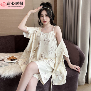 日系和服睡衣女夏季薄款短袖涤纶宽松春秋可爱吊带家居服三件套装
