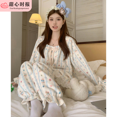 珊瑚绒睡衣女秋冬季加厚加绒保暖条纹小熊法兰绒家居服公主风套装
