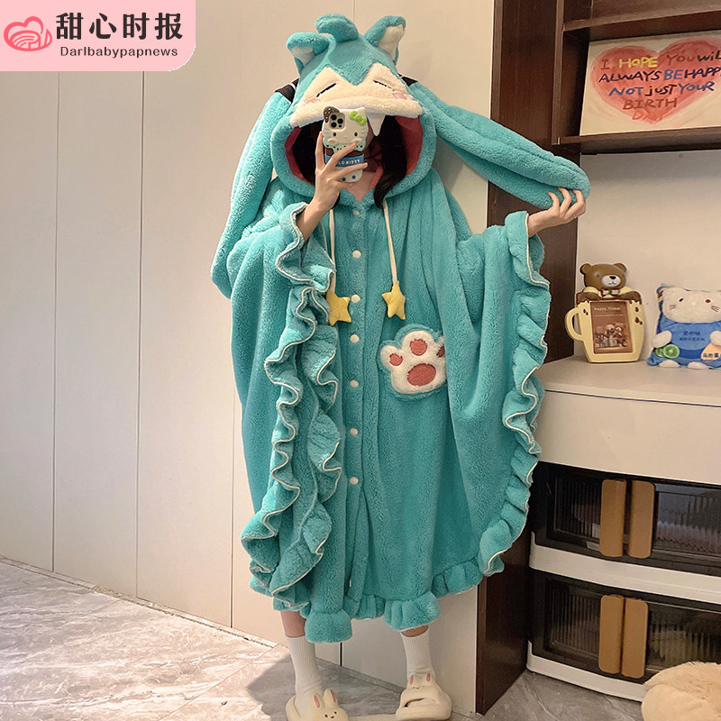 珊瑚绒睡衣女春秋冬季加厚睡袍浴袍保暖可爱长款法兰绒家居服星星