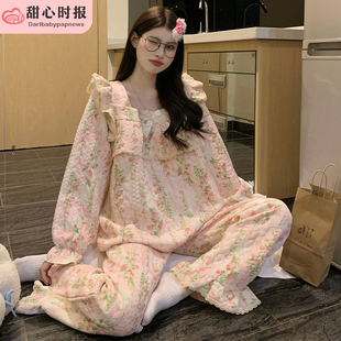 花朵复古风睡衣女款冬季长袖空气棉2025新款女士家居服秋冬款套装