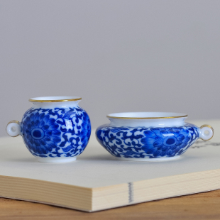 汉缘 景德镇手绘青花缠枝莲本金描口绣眼罐小鸟杯食罐 鸟笼配件