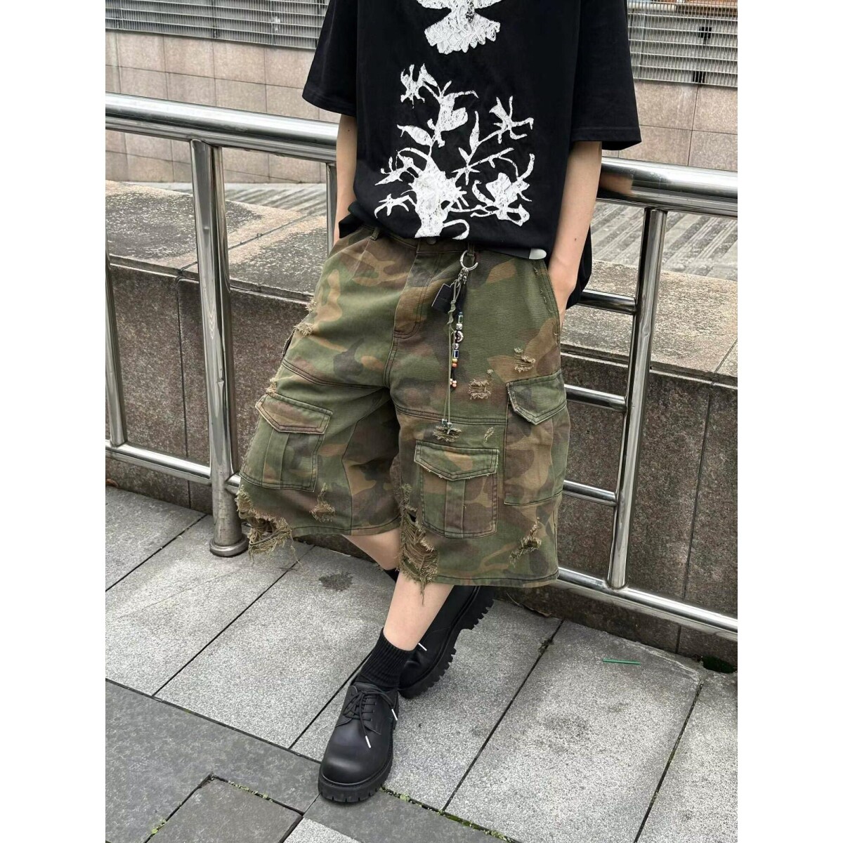 设计师线迷彩阔腿七分裤夏季男士水洗荃棉做旧重工短款休闲裤