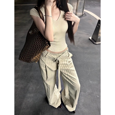 wassuphappy老钱风条纹褶皱西裤男士夏季青少年宽松直筒休闲裤子