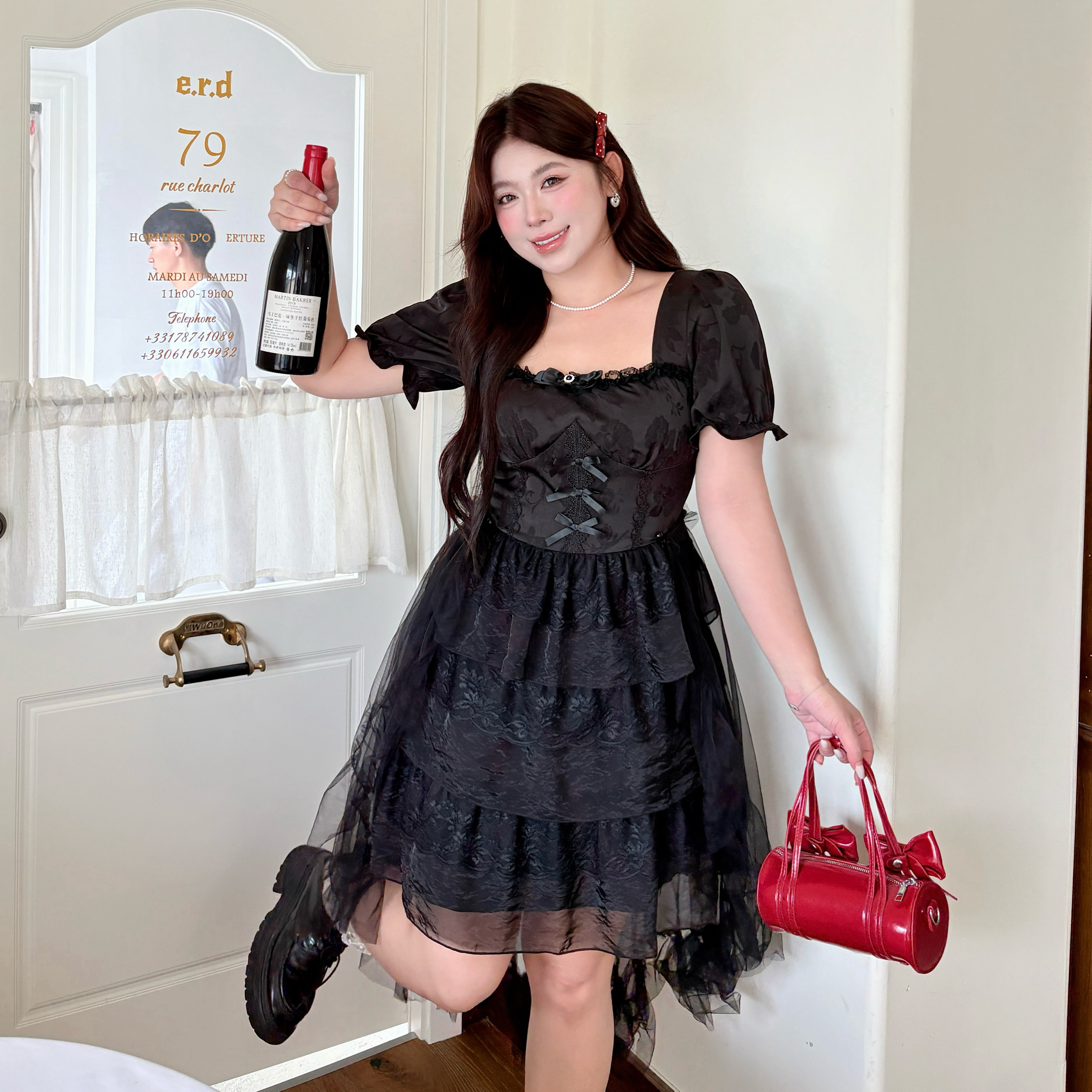 少女打歌服｜大码胖mm拖尾显瘦收腰女夏法式小众泡泡袖公主蓬蓬裙