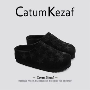 美国CatumKezaf星星勃肯鞋男女秋季真皮一脚蹬厚底增高黑色半拖鞋