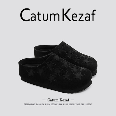 美国CatumKezaf星星勃肯鞋男女秋季真皮一脚蹬厚底增高黑色半拖鞋