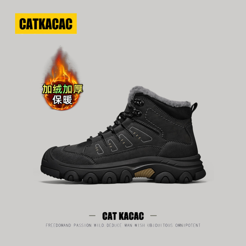 美国CATKACAC真皮雪地靴男款冬季加绒加厚保暖防寒男士东北大棉鞋