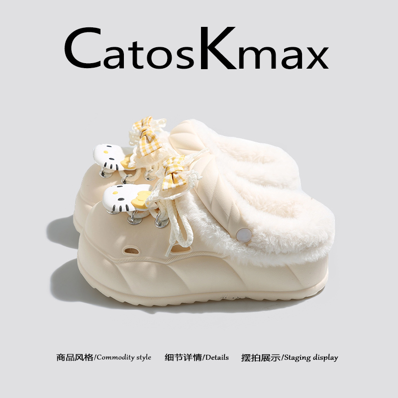 美国CatosKmax棉拖鞋女2025新款可爱卡通款甜美风格蝴蝶结毛毛鞋
