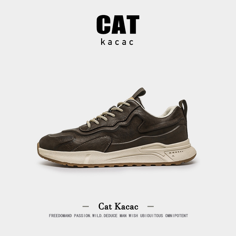 美国轻奢CATkacac男鞋春季新款真皮防滑软底复古男士休闲运动皮鞋