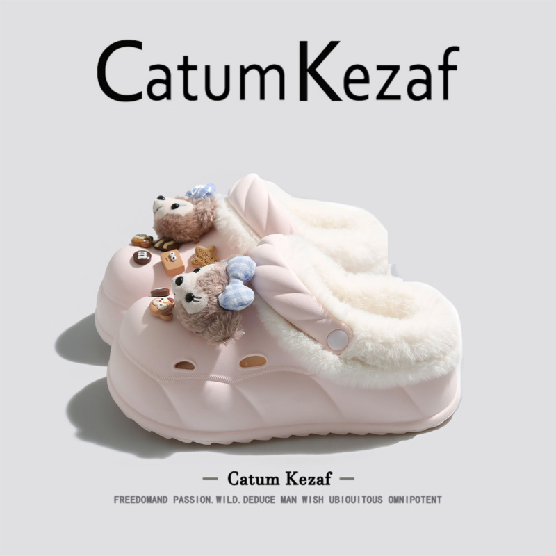 美国CatumKezaf达菲熊加绒洞洞鞋女款外穿冬季增高厚底毛绒棉拖鞋