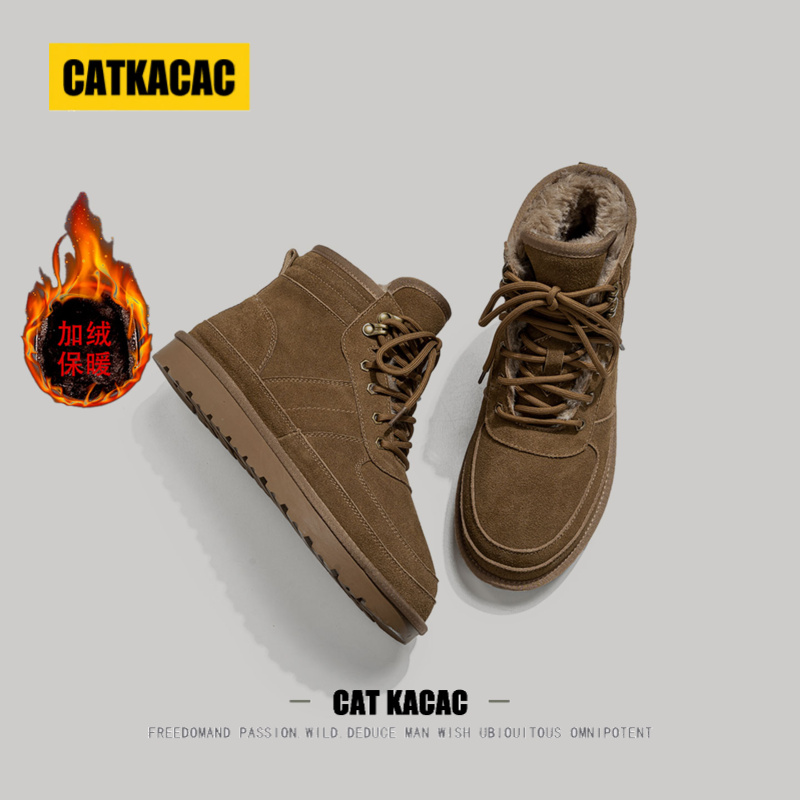 美国CATKACAC皮毛一体雪地靴男款冬季加绒加厚保暖东北防寒大棉鞋