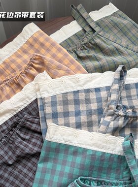 韩系日系文艺格子ins纯棉水洗棉吊带睡衣短裤两件套女家居服套装