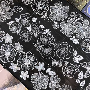 时间格子 镂空花 透明线条白花花咕卡流麻滴胶手帐拼贴PET胶带