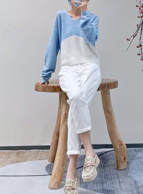纯羊绒拼色小宽松打底针织女上衣