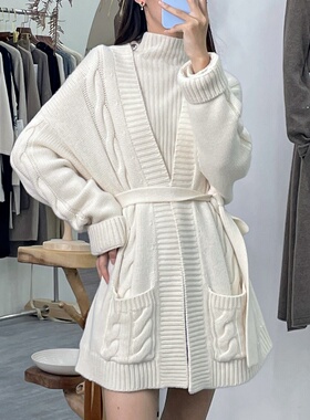 喜羊羊厚实970克100%山羊绒大码外套复古扭绳配腰带宽松中长开衫