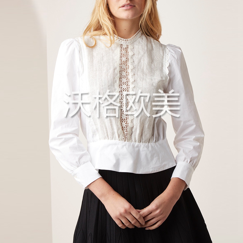 沃格 法国S牌秋冬新款钩花镂空蕾丝拼接侧边拉链女纯棉白衬衫上衣