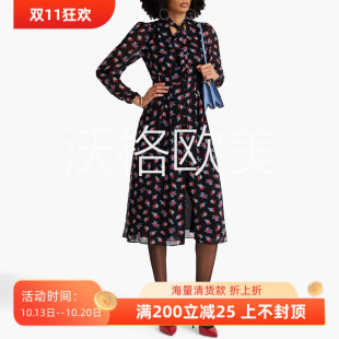 沃格 D早春新款柔美红蓝玫瑰花朵印花系带收腰女神中长雪纺连衣裙