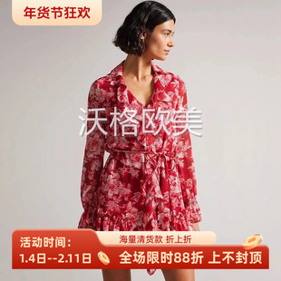 沃格 TB春夏新款柔美红白花朵印花荷叶边V领系腰带优雅雪纺连衣裙