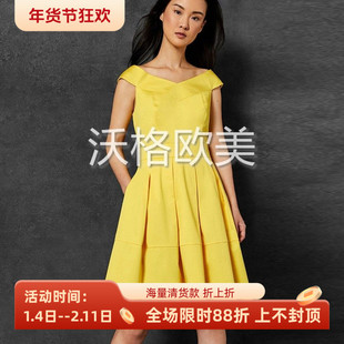 沃格英国TB牌春夏新款春意嫩黄性感露肩收腰打褶女纯棉减龄连衣裙