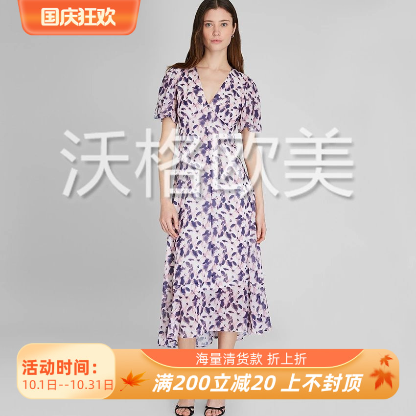 沃格CM春夏新品2色开衩荷叶短袖V领飘逸雪纺不规则优雅长款连衣裙
