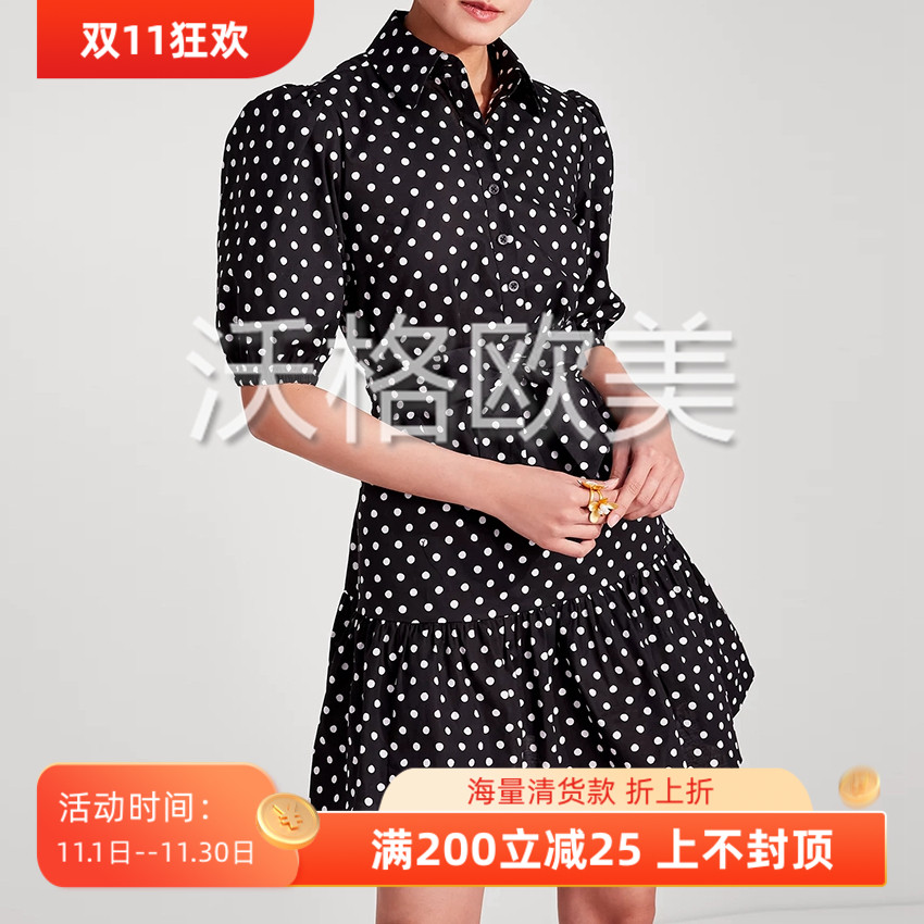 沃格 美国KS春夏新款复古黑白波点印花系带A字优雅纯棉衬衫连衣裙
